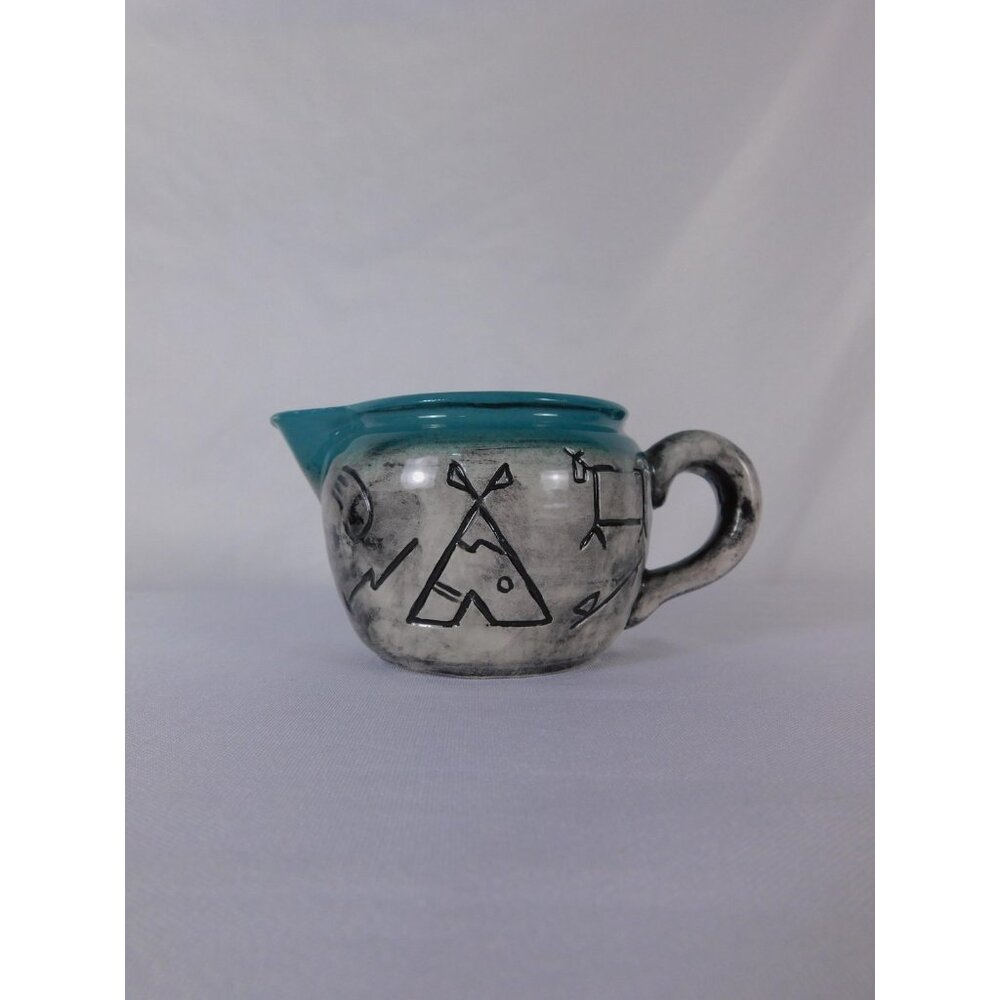 Vtg Blue Ceramic Native American Tribal Creamer Pitcher Art Pottery